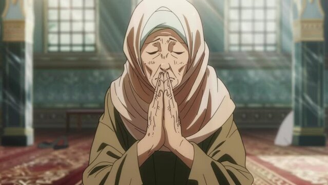 muslim woman praying at mosque, anime style
