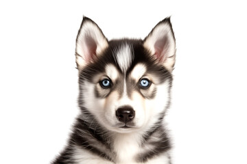 Cute Siberian Husky puppy looking at camera. Head close-up portrait of Siberian Husky dog. White Isolated background. Generative AI