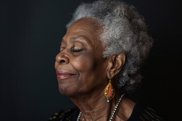 A close up of a black woman's face with her eyes closed looking to a side