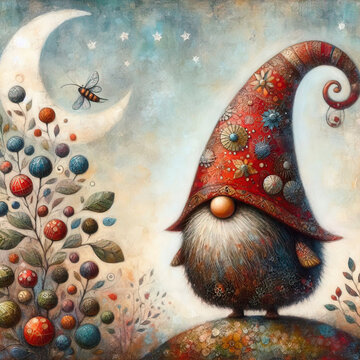 Mixed technique painting of a whimsical nome, elf, little man of the forest