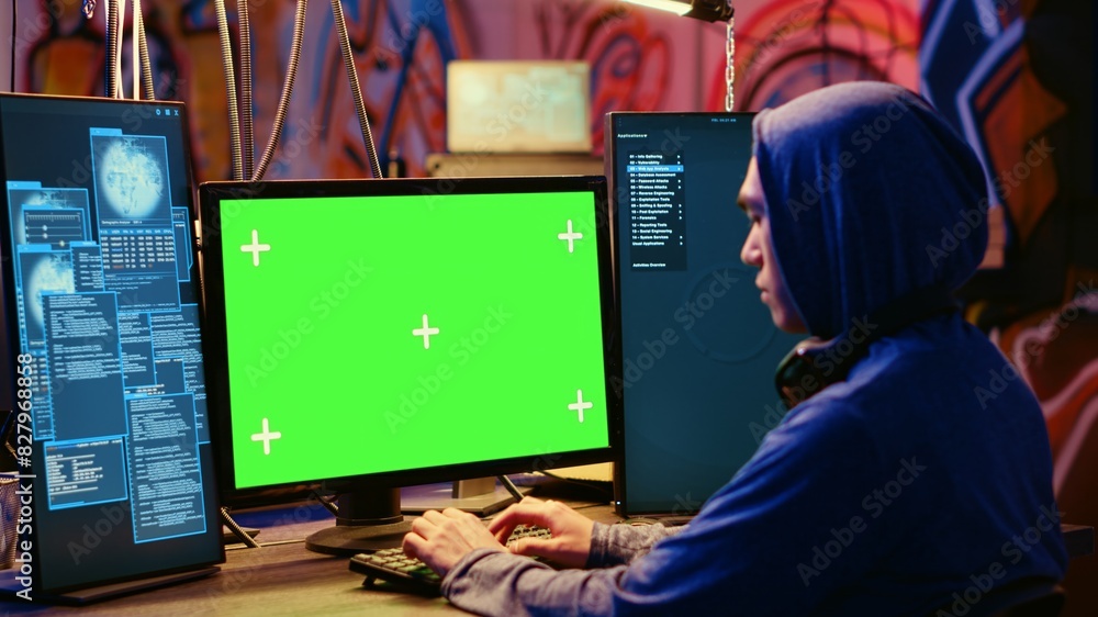 Poster asian hacker in hidden place with graffiti walls using green screen computer to deploy malware on un
