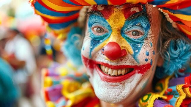 A clown with a big smile on his face and a colorful hat. He is wearing a red nose and has blue and yellow face paint