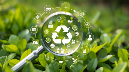 a magnifying glass with a plus sign at its center, surrounded by icons representing various aspects of sustainability and environmentalism