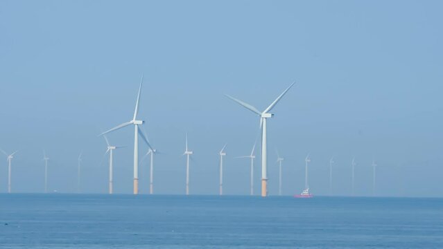 Gwynt y Môr (Sea wind) offshore wind farm with 150m high turbines in action