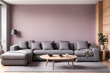 Luxury Living Room in Warm Colors: Elegant Brown Beige Walls, Light Gray Furniture, Microcement Art Background, Rich Interior Design, 3D Office Reception Mockup