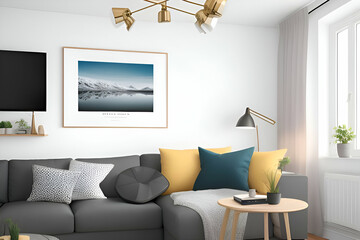 Mock up poster frame in home interior background, Scandi-boho style, 3D render