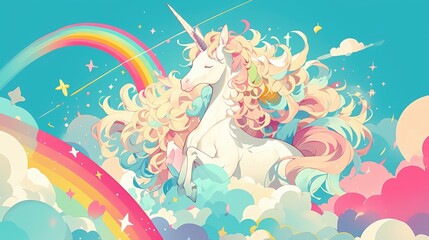 Fototapeta premium Illustration of a unicorn standing gracefully on a fluffy cloud surrounded by a vibrant rainbow and accompanied by a sweet melody symbol