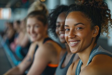 Fototapeta premium Happy Women in Fitness Group Smiling Close-Up, Active Lifestyle and Wellness, Indoor Training and Positivity