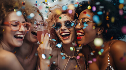 Hen party with bride and gal pals. Bridal party with confetti. Spending time with female friends