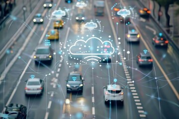 Fototapeta premium Traffic with digital interfaces in a futuristic city, showcasing advanced technology, connectivity, and smart transportation in a high tech urban environment