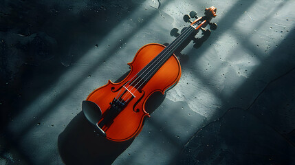 Fototapeta premium Artistic shot of a violin resting on a dark surface, with light highlighting the strings and casting shadows.