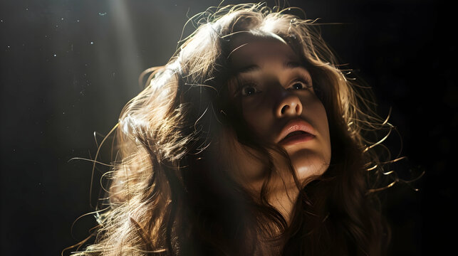 Portrait of a woman with long hair, backlit to create a halo effect and deep shadows on her face.