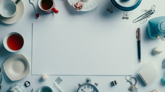 A mock up office workplace. Empty sheet in the middle. Top view, flat lay, copy space.