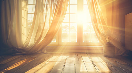 an open window with billowing curtains in a sunlit room, suggesting a sense of freedom and tranquility