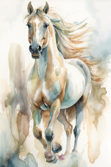Obraz premium Dynamic watercolor illustration of a horse with a flowing mane and tail. Detailed and expressive animal portrait. Animal and nature concept for design and print
