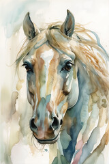 Close-up watercolor illustration of a horse's face with a flowing mane. Detailed and artistic animal portrait. Animal and nature concept for design and print.