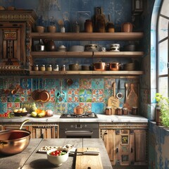 A kitchen with ethnic charm, showcasing vibrant Moroccan tiles on the backsplash, paired with rustic wooden cabinets that exude warmth and character, and copper cookware