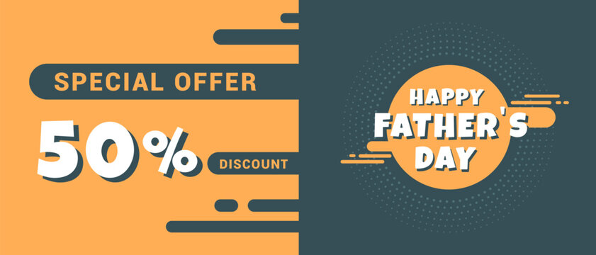 Fathers day sale. Happy Father's Day lettering. Promotion and shopping template. Horizontal banner Sale 50 off, template for social media, web template in retro style. Vector illustration.