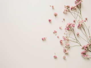 sfondo bianco con sottili rami di fiori di campo rosa su un lato che si disperdono leggermente lasciando spazio vuoto per inserimento testo o prodotto, stile raffinato