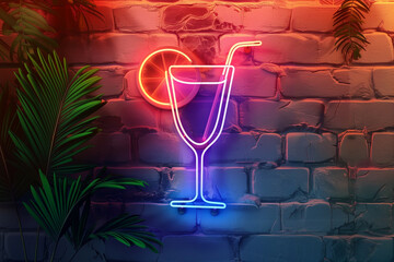 Realistic Neon Cocktail Glass Sign on Wall (generative AI)