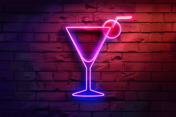 Realistic Neon Cocktail Glass Sign on Wall (generative AI)