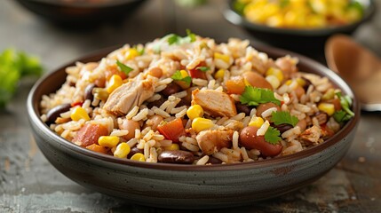 Fototapeta premium Mexican rice mix with beans, corn and chicken . Generative Ai
