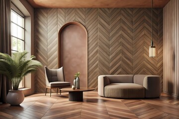Fototapeta premium Warm hues and herringbone design make this room cozy and inviting, generative AI