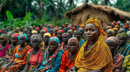 Fototapeta premium A large crowd of people are gathered in a field, with many of them wearing orange clothing. meeting in an African tribal village