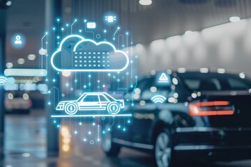 Naklejka premium Digital car interface in a high tech showroom, highlighting advanced technology, connectivity, and modern design with a futuristic aesthetic