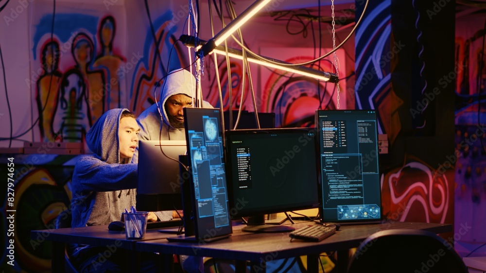 Poster hackers in dark room discussing ways to breach defenses and exploit weaknesses in pc systems. evil c
