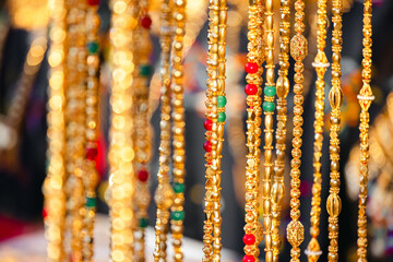 Golden jewelry at traditional Emirati market in UAE