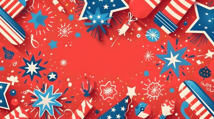Obraz premium Independence day USA banner template american balloons flag and Colorful Fireworks decor.4th of July celebration poster template.fourth of july voucher discount.Vector illustration 
