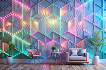 A digital wallpaper design featuring geometric shapes in pastel shades and striking neon outlines