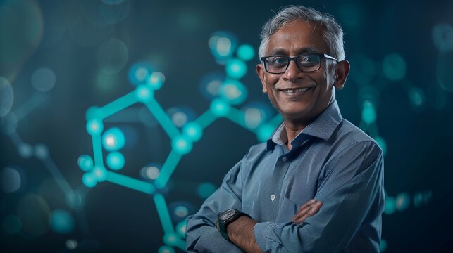 a 65 year old indian man standing happy in the style of a clean minimal high end studio shoot modern biotech brand website hero gradient image, some abstract molecular neural pathway patterns in the b