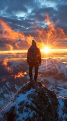 Hiker standing triumphantly at the summit of a majestic mountain, breathtaking panoramic views of the surrounding landscape, sunrise casting golden light