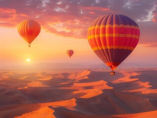 Fototapeta premium Hot air balloons soaring over a desert landscape, with sand dunes stretching into the distance and a dramatic sunset creating warm hues