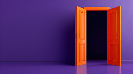 vibrant orange door opening into darkness against a purple background