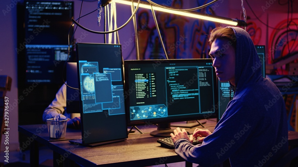 Poster skilled hacker group members deploying malware on unaware victims computers, stealing sensitive and 