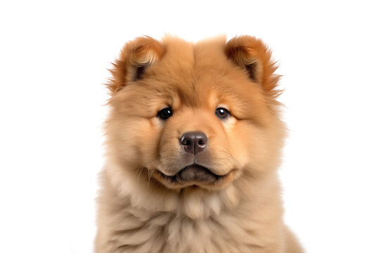 Cute Chow Chow puppy looking at camera. Head close-up portrait of Chow Chow dog. White Isolated background. Generative AI