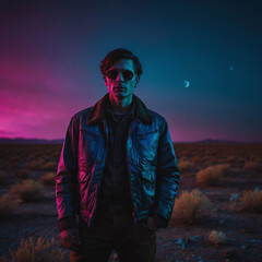 man in sunglasses and leather jacket in a neon wasteland, desert landscape with small bushes in the distance