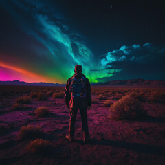man admiring the sky in a neon wasteland, desert landscape with small bushes in the distance