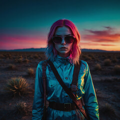 redheaded woman wearing a jumpsuit in a neon wasteland, desert landscape with small bushes in the distance