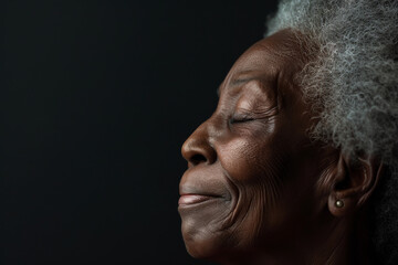 Obraz premium A close up of a black woman's face with her eyes closed looking to a side