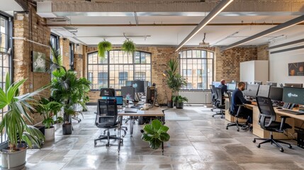 Modern open office space with natural light and greenery, showcasing a collaborative and productive work environment with contemporary design