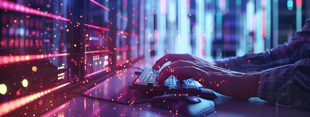 Data Processing, digital technology, internet network concept. Computer programmer working on big data and computer code with data center, server room as background.