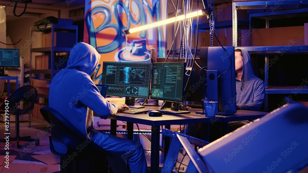 Poster hackers doing computer sabotage using encryption trojan ransomware in hidden base. cybercriminals de