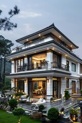 Fototapeta premium Luxury modern mansion with large windows and elegant architectural design