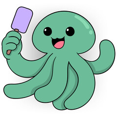 green octopus with a happy face carrying ice cream