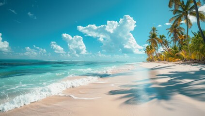 Panorama beach with palm trees and clouds in the sky