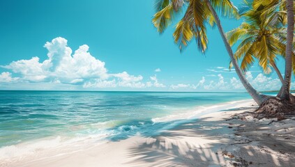Fototapeta premium Panorama beach with palm trees and clouds in the sky
